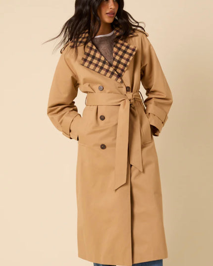 Camel Check Trim Trench Coat