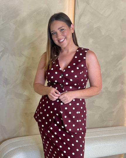 Burgundy Polka Dot Longline Waistcoat
