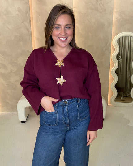 Knit Smock Brooch Top - Burgundy
