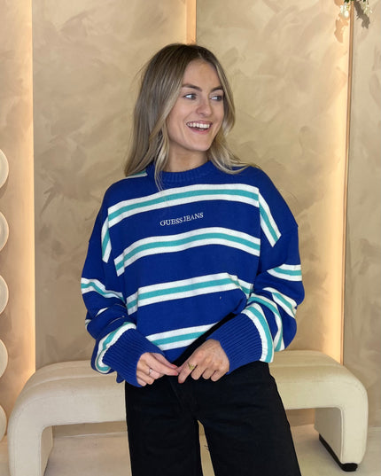 Guess Jeans Striped Logo Sweater - Blue/Green