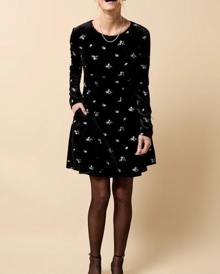 Sondra Velvet Embroidered Mini Dress - Black