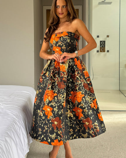 Danni Strapless Bandeau Midi Dress - Black And Gold