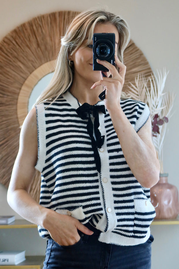 Stripe Knitted Button Up Vest with Bow - Black and White