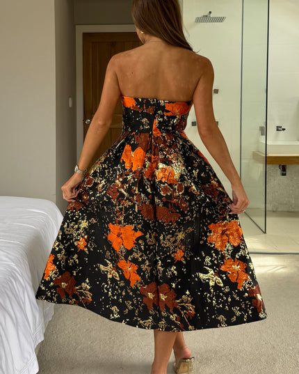 Danni Strapless Bandeau Midi Dress - Black And Gold