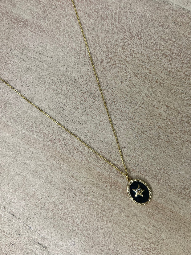Oval Star Pendant Necklace - Black