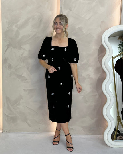 Bettina Puff Sleeve Velvet Midi Dress