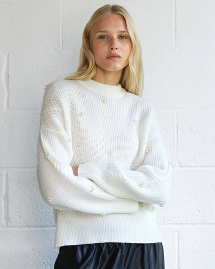 French Connection Mersai Pearl Embellished Knit Jumper - Porcelain Cream