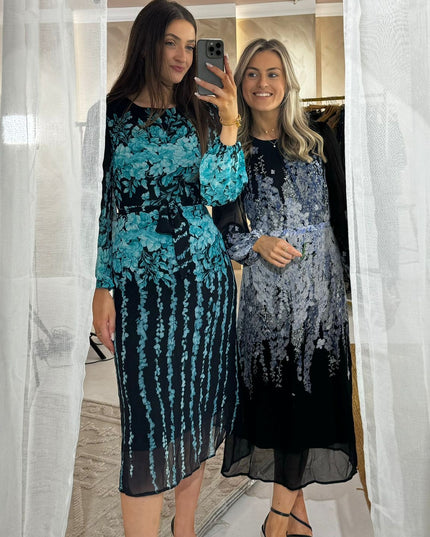 Harlow Floral Belted Long Sleeve Midi Dress- Blue