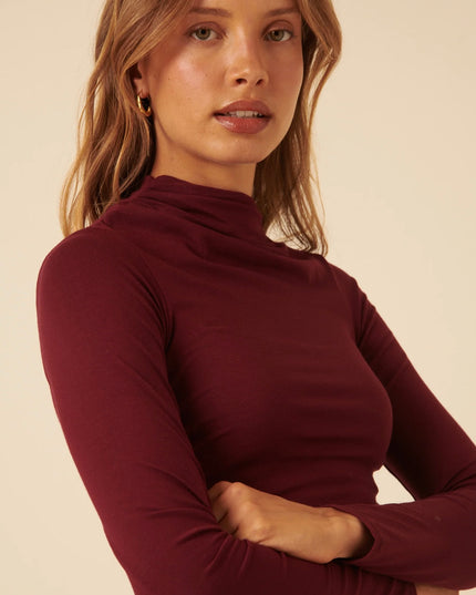 Ruched Long Sleeve Top - Burgundy