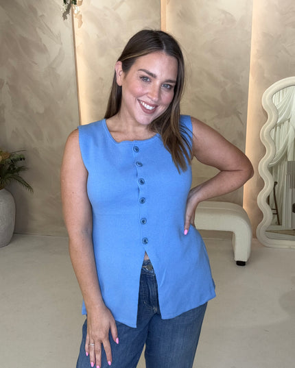 Fine Knit Long Line Waistcoat - Blue