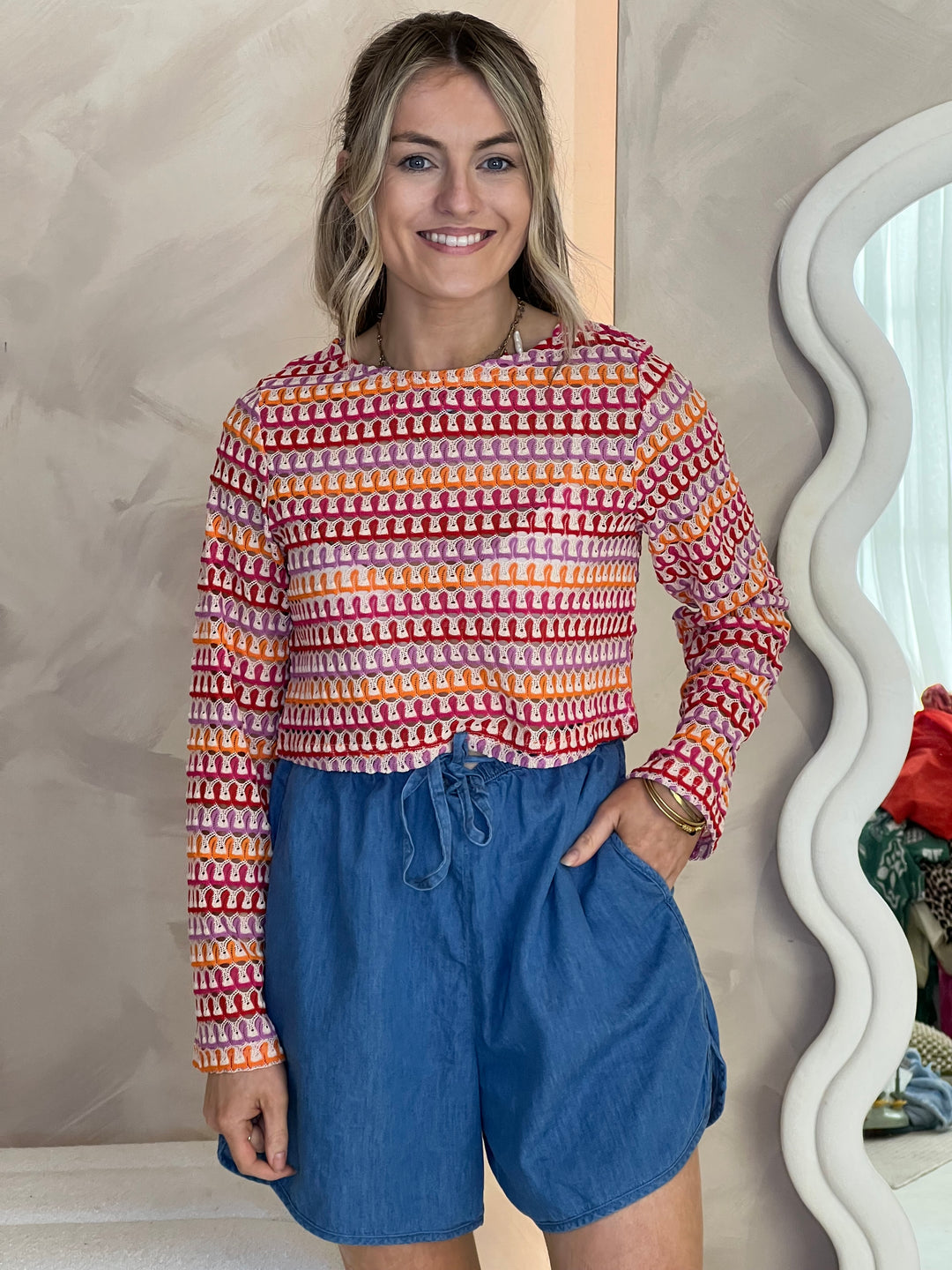 Long Sleeve Crochet Top - Pink/Orange