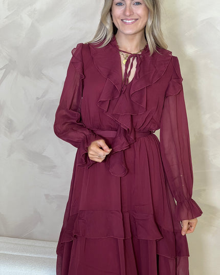 Frill Midi Dress - Burgundy