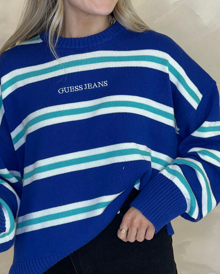 Guess Jeans Striped Logo Sweater - Blue/Green