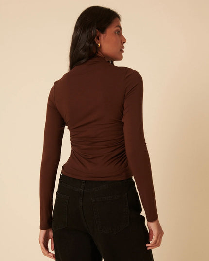 Ruched Long Sleeve Top - Brown