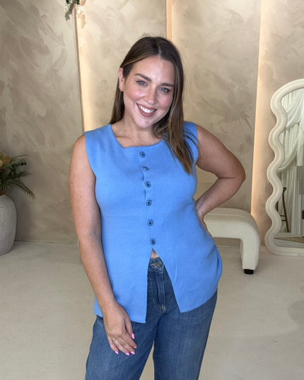 Fine Knit Long Line Waistcoat - Blue