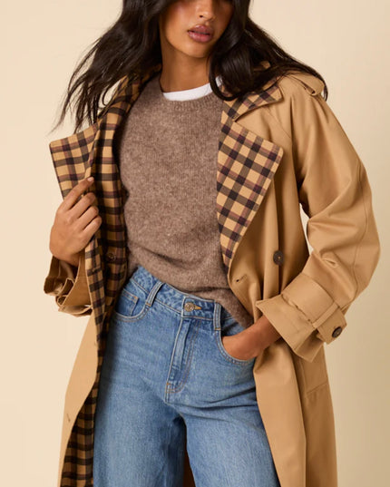 Camel Check Trim Trench Coat