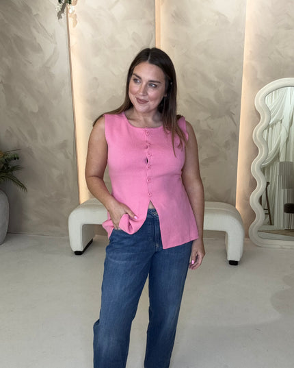 Fine Knit Long Line Waistcoat - Pink