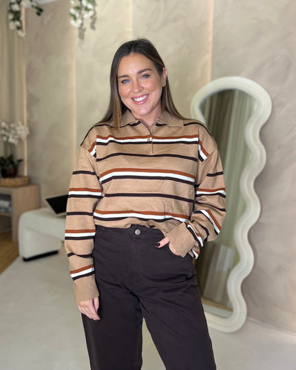 Knit Rugby Top - Camel and Rust