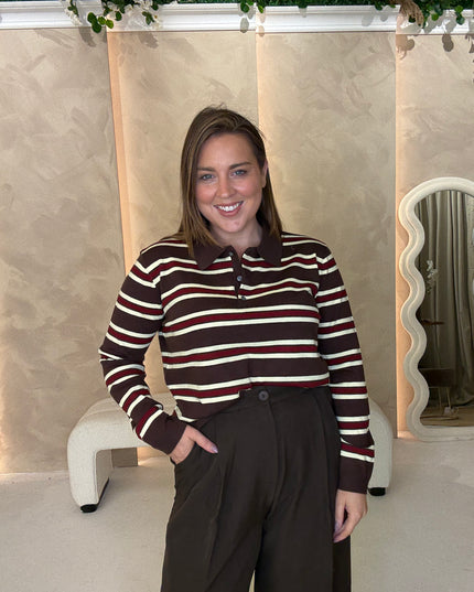 Fine Knit Polo Top - Brown