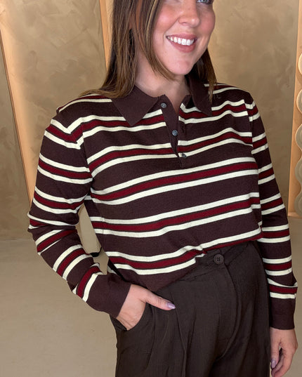 Fine Knit Polo Top - Brown