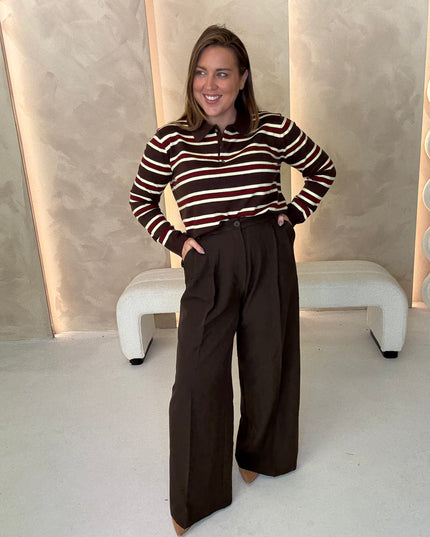 Fine Knit Polo Top - Brown