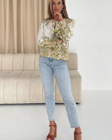 Darcy Tie Cuff Blouse in Linen Look Green Floral