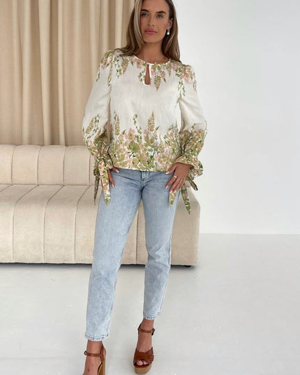 Darcy Tie Cuff Blouse in Linen Look Green Floral