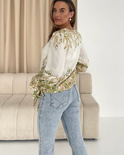 Darcy Tie Cuff Blouse in Linen Look Green Floral