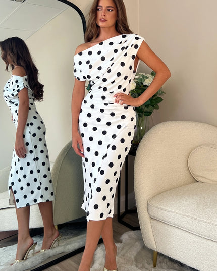 Ariana Asymmetric Neckline Midi Dress - White Spot