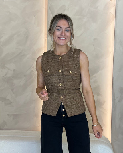 Tweed Belted Waistcoat - Brown