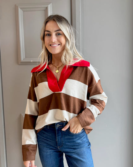 Fine Knit Polo Top - Tan/Red
