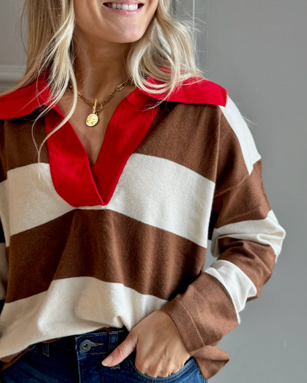 Fine Knit Polo Top - Tan/Red
