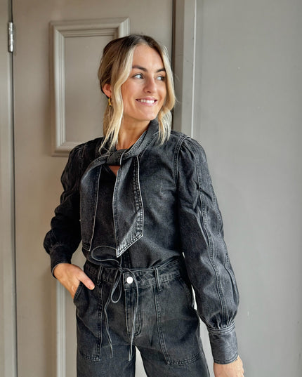 Tie Neck Denim Top - Black