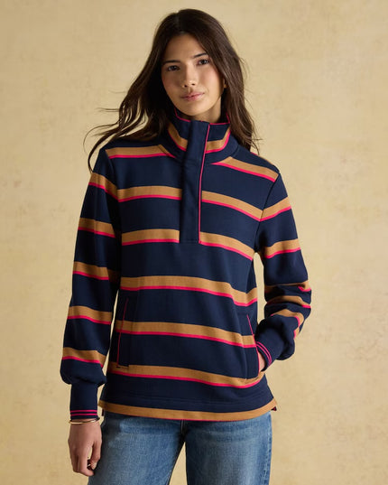 Burnham Funnel Neck Quarter Zip Sweatshirt - Navy/Tan Stripe