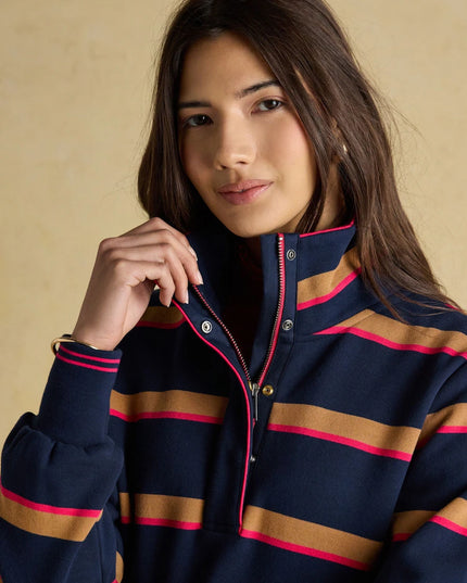 Burnham Funnel Neck Quarter Zip Sweatshirt - Navy/Tan Stripe