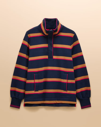 Burnham Funnel Neck Quarter Zip Sweatshirt - Navy/Tan Stripe