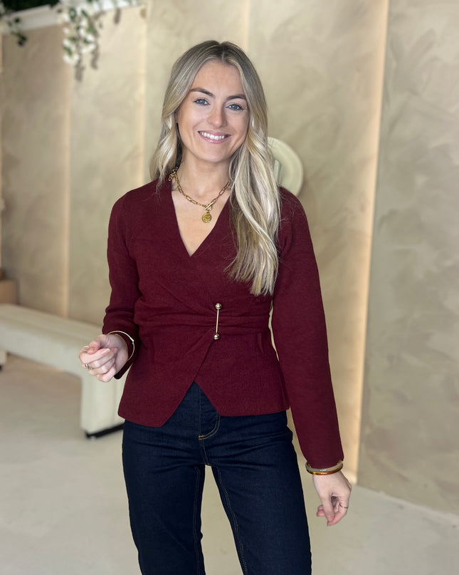 Fine Knit Wrap Top - Burgundy