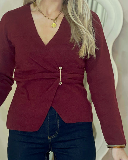 Fine Knit Wrap Top - Burgundy