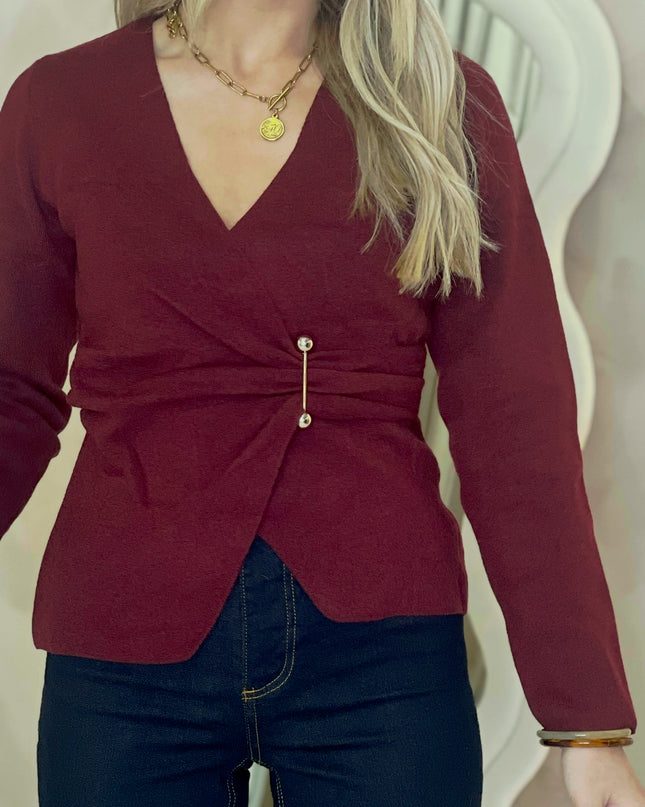 Fine Knit Wrap Top - Burgundy