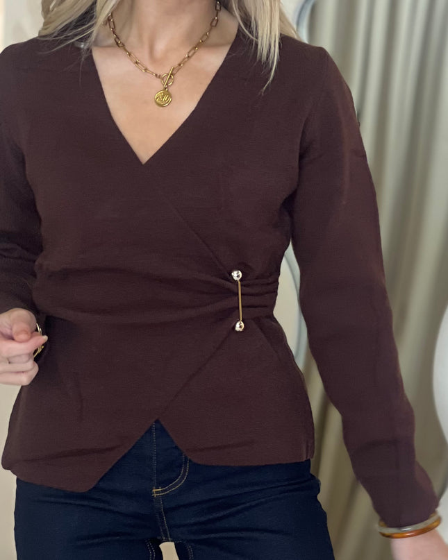 Fine Knit Wrap Top - Brown
