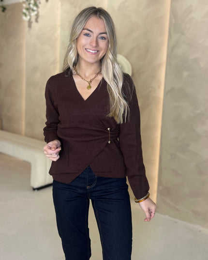 Fine Knit Wrap Top - Brown
