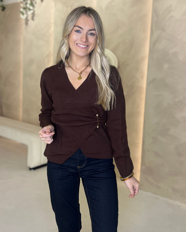 Fine Knit Wrap Top - Brown