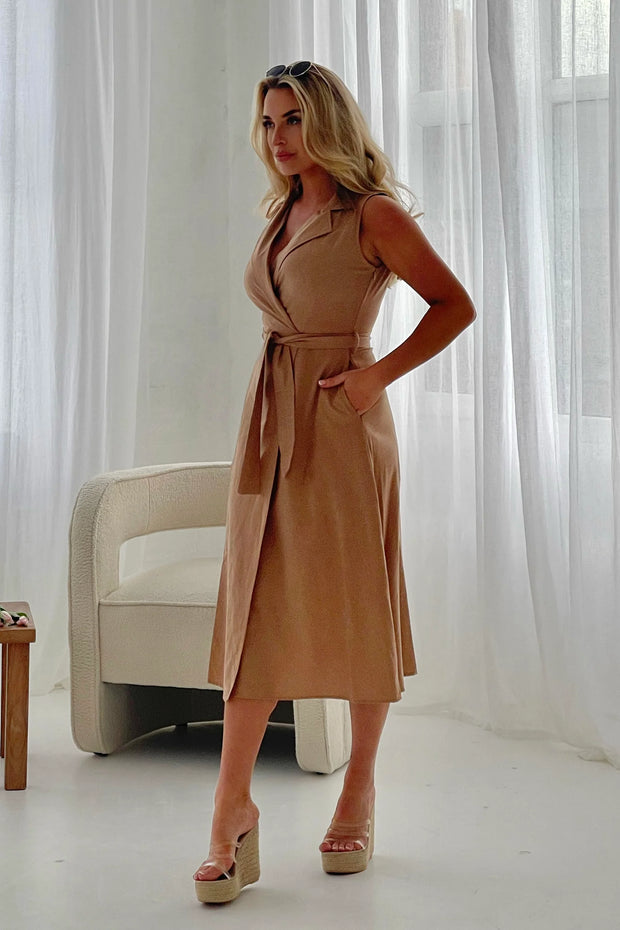Callie Linen Blend Sleeveless Tie Front Midi Dress - Neutral