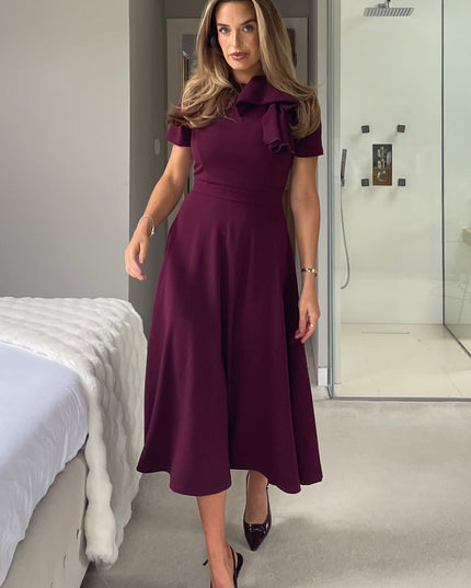 Minta Bow Detail Short Sleeve Midi Dress - Plum