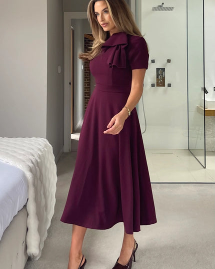 Minta Bow Detail Short Sleeve Midi Dress - Plum