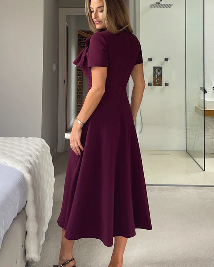 Minta Bow Detail Short Sleeve Midi Dress - Plum