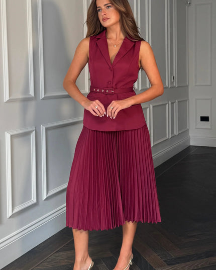 Agatha Pleated Skirt Waistcoat Dress - Berry