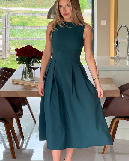 Nesta Boat Neck Skater Midi Dress- Green