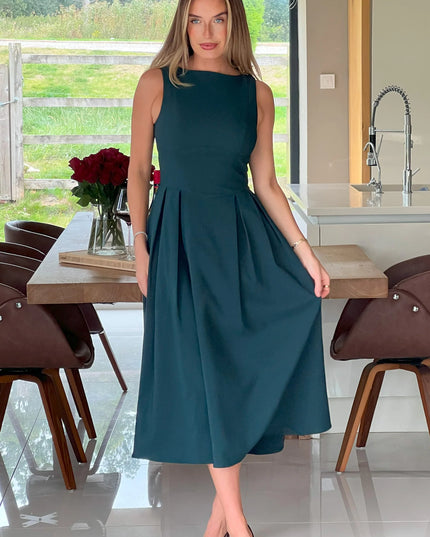 Nesta Boat Neck Skater Midi Dress- Green