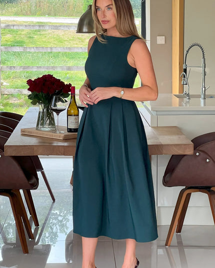 Nesta Boat Neck Skater Midi Dress- Green